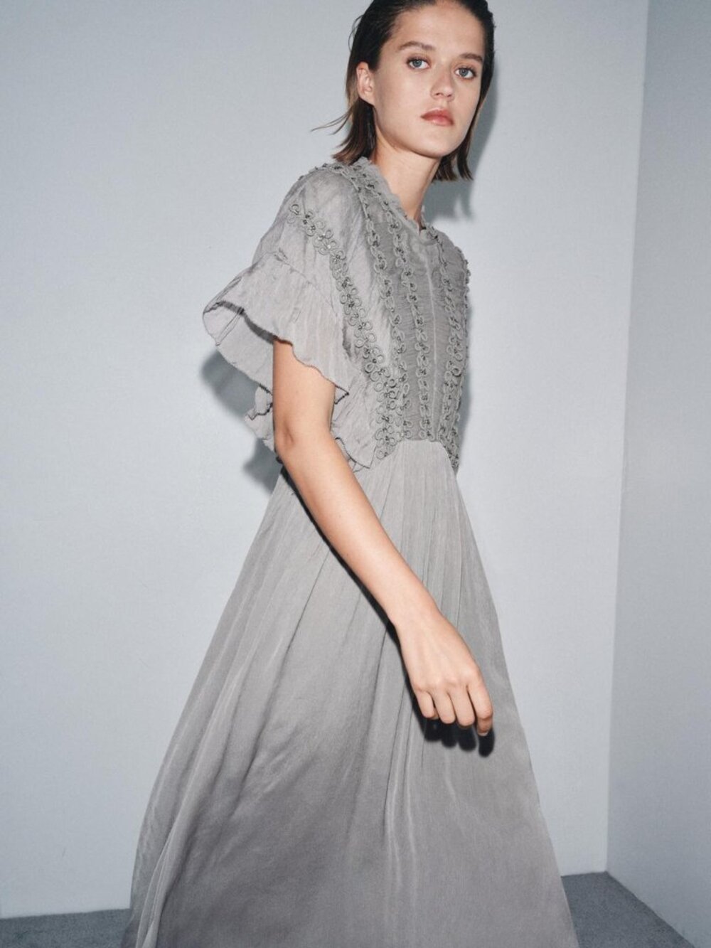 Zara Jewel-Knot Textured Midi Dress in Grey Size S NWT